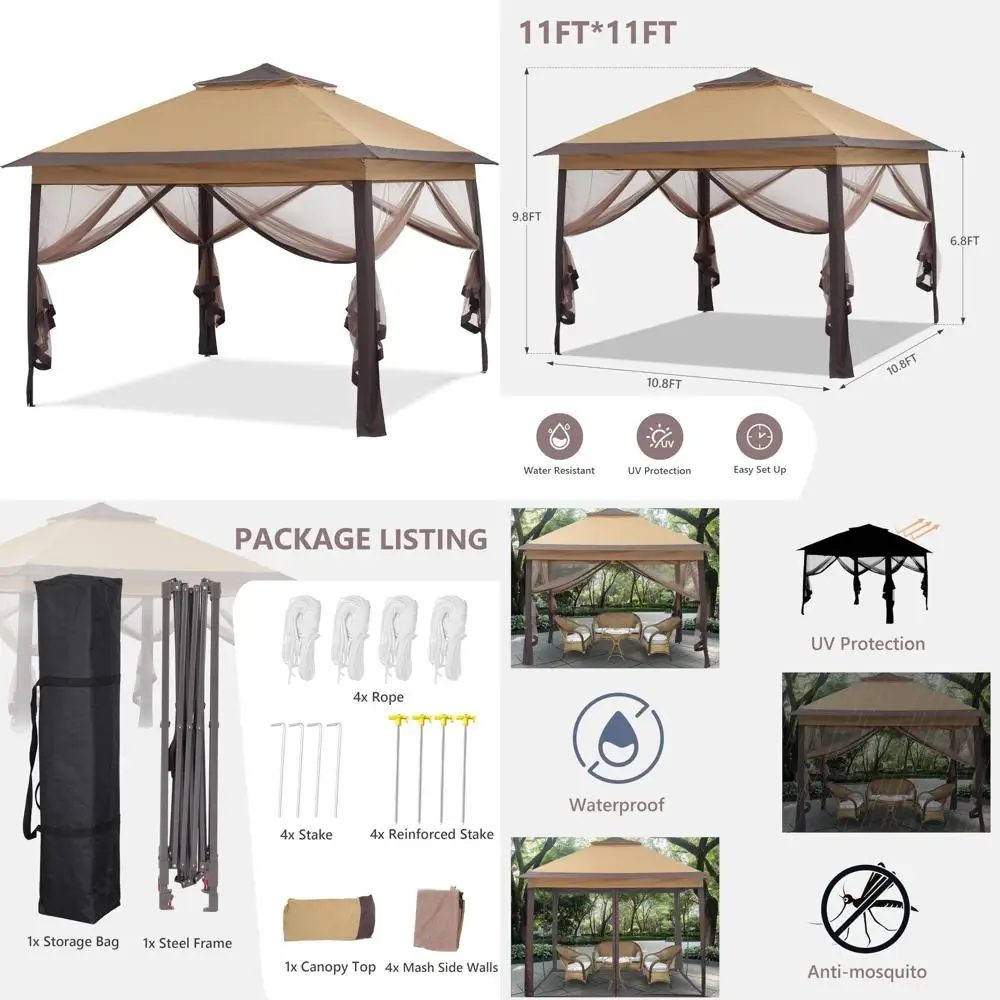 

11x11 Outdoor Pop Up Canopy Tent with Netting, Backyard Gazebo, Portable Shelter, Brown Color, Perfect for Outdoor Events
