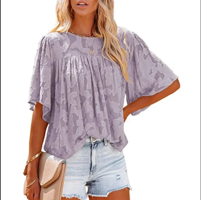 Summer Ladies Fashion Trend Solid Color Printed Blouse Casual Baggy Puffed Round Neck Bat Sleeve T-shirt