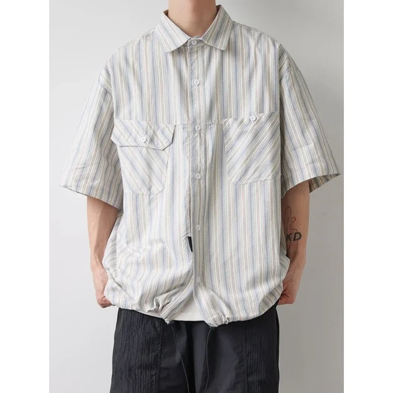 

Mens Japanese Retro Striped Short Sleeve Shirt Summer Loose Casual Thin Couple Blouse