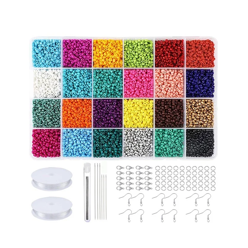 2Mm Glass Seed Beads 24 Colors Total About 20000Pcs,Small Seed Beads Kit With Needles,String Beads For Jewelry Making