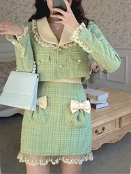 Autumn Winter Sweet Tweed Plaid Skirt Sets Women Cute Bow Woolen Jackets Mini Skirts Green Elegant Suit Female New 2 Pieces Sets