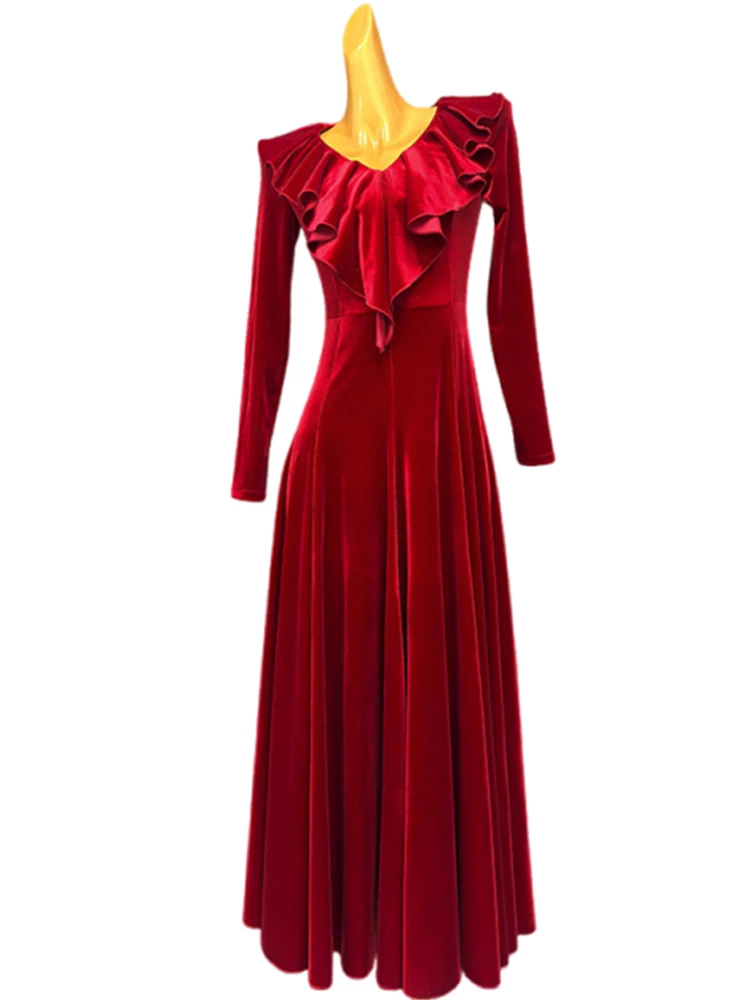 

Adult Women Mesh Long Sleeve Velvet Patchwork Modern Dance Dress Chiffon Large Skirts Ballroom Waltz Competition Dancewear