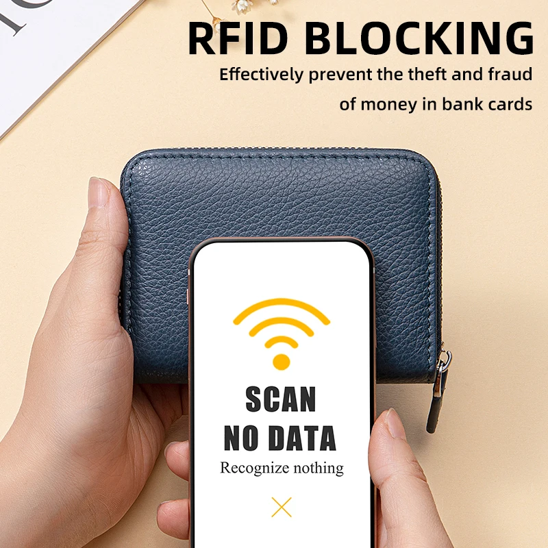 Genuine Leather Small Accordion Card Cases Holder For Women RFID Blocking Zipper Credit Card Wallet with Coin Pouch 2 Cash Slot