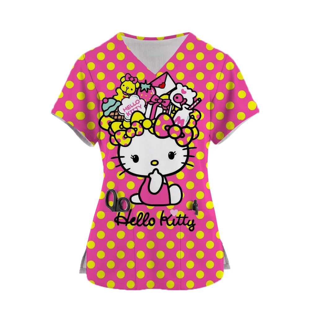 2024 Kawaii Nurse Uniform Scrubs Womens Cartoon Hello Kitty Print Short Sleeve Pocket Overalls Uniforms Medical Nursing Blouse