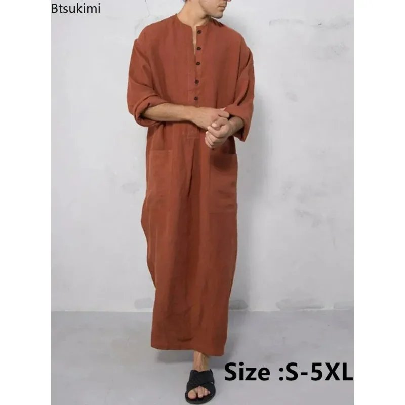 

New 2025 Vintage Men Islamic Arabic Jubba Thobe Long Sleeve Solid Pockets Robes Men Saudi Arabia Abaya Dress Muslim Kaftan Male