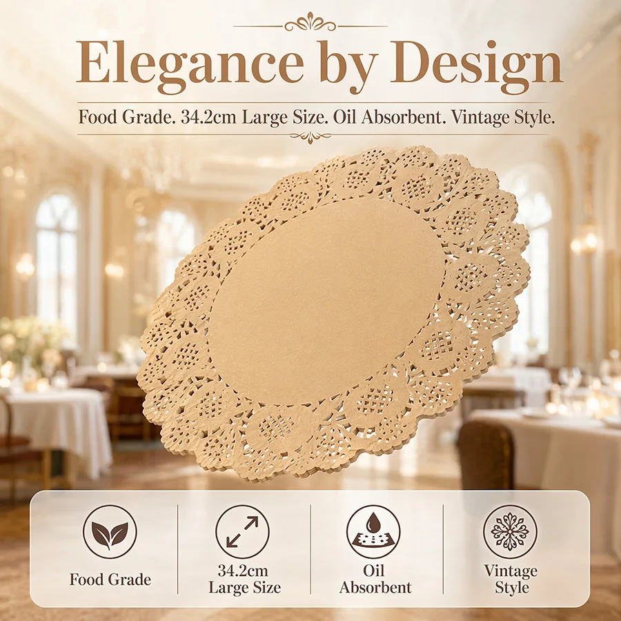 50Pcs Brown Kraft Paper Placemats 13.5 Inch Wavy Lace Floral Pattern Disposable Table Mats for Wedding Party Banquet Decor