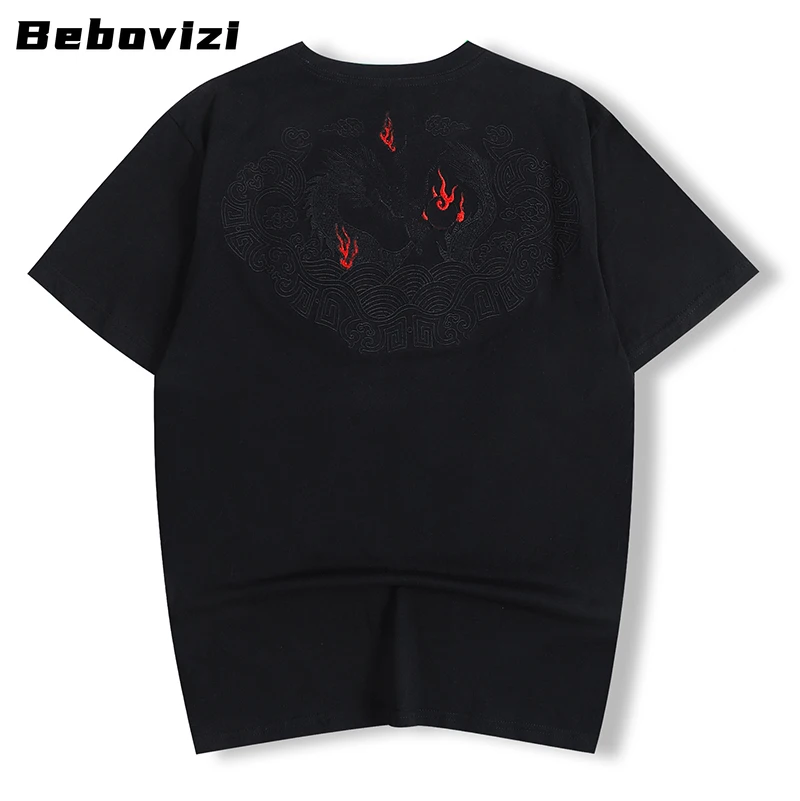 Back Embroidery Chinese Dragon T-Shirt Summer Short Sleeve Tops Tees Men Hip Hop Streetwear Harajuku Black White Cotton Tshirts