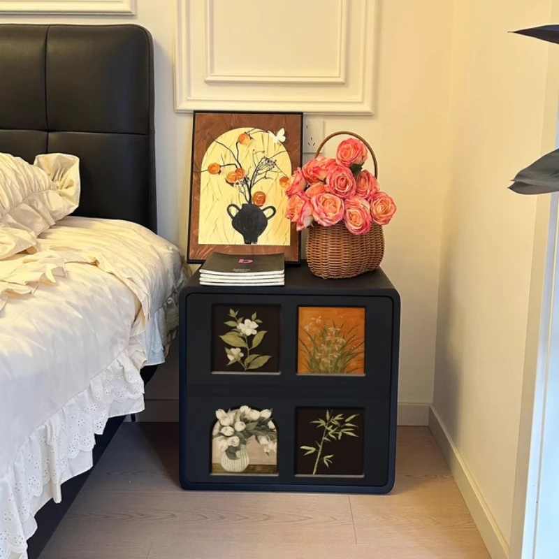 

‌ Черная тумбочка середины века во французском стиле, прикроватная тумбочка из массива дерева с бесшумными направляющими для ящиков, дизайн с закругленными углами