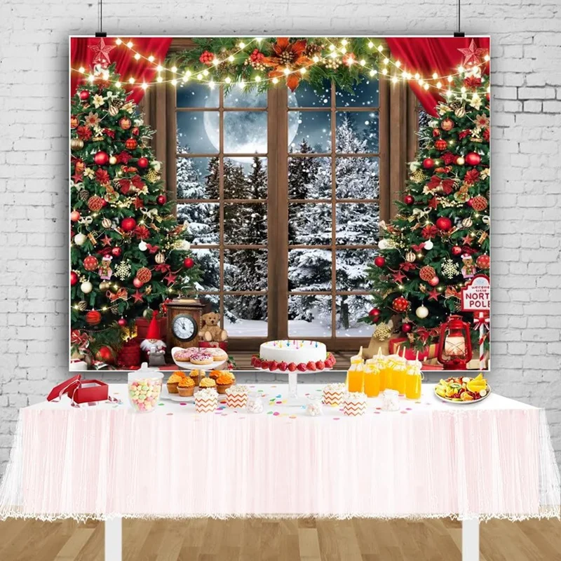 Photography Background 150*100CM Christmas Theme Photography Background Winter Fantasy Wonderland Snow Tree Red Curtain