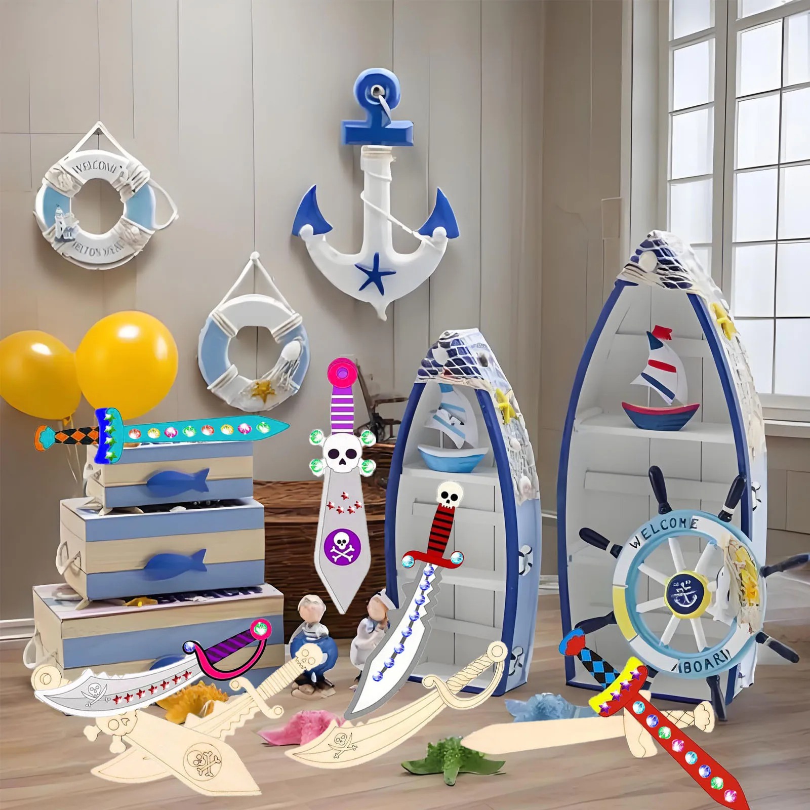 216PCS onvoltooide DIY houten piratenmessenset, houten handgemaakte schilderambachten, geschikt voor verschillende feesten, feestcadeaus