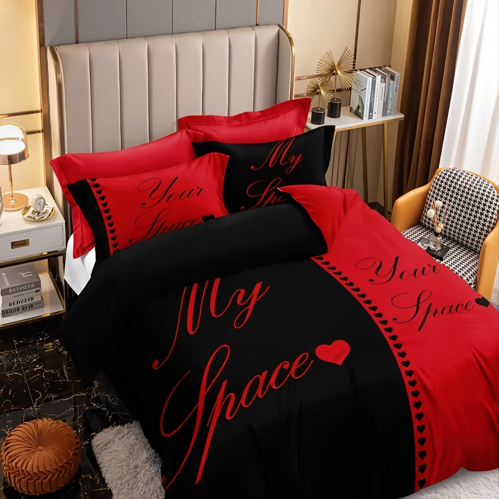 

Bedding Set King Comforter Cover Set Couples Gifts for Men Women Black and Red Duvet Cover Bed Sets for Couple Bedroom Decor