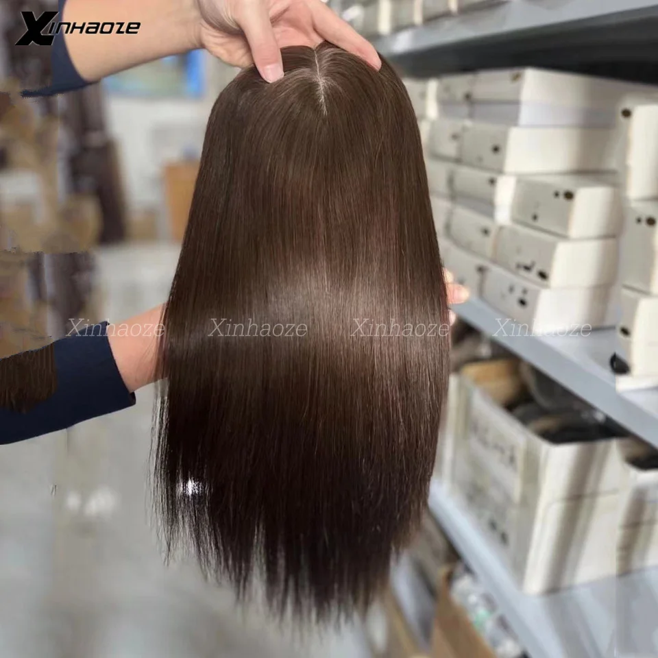 Dark Brown Silk Base Real Human Hair Toppers Clip In Hair Pieces Natural Straight Cover White Hair Loss For Women Remy Hair