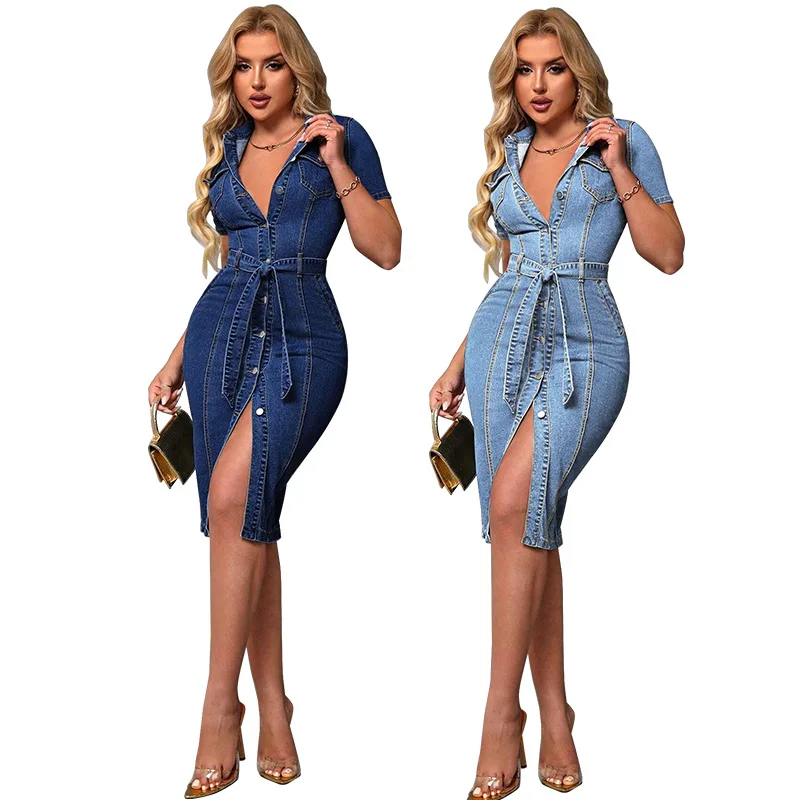 Women's V Neck Denim Dress Short Sleeve Button Front Split Hem Bodycon Jean Dress Ropa Para Mujer