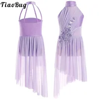 Vestido de baile lírico para niña, leotardo de gimnasia, patinaje artístico, traje de actuación en escenario, falda de baile de tul de malla con apliques