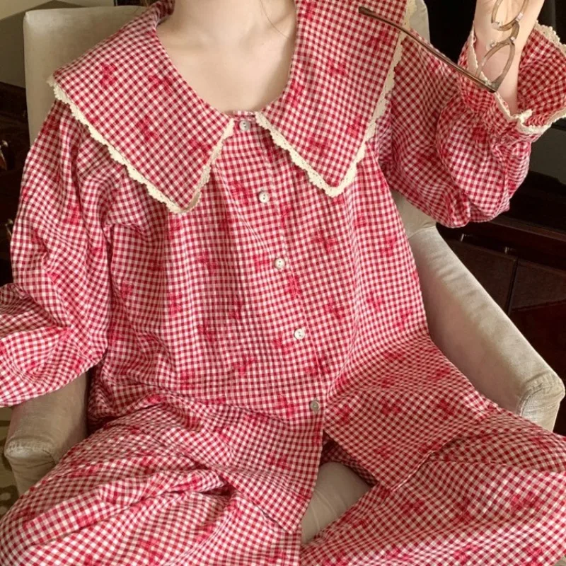 Women's New Spring/Fall Pajamas: Cardigan with Bow, Checkered Pattern, Peter Pan Collar, Long Sleeves, Plus Size Loungewear Set
