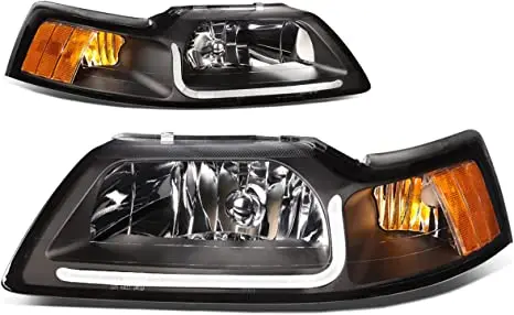 Sulinso for 2PCS HL-LB-FM99-BK-AM Black Housing Clear Lens Amber Corner LED Headlight [For 99-04 Ford Mustang]