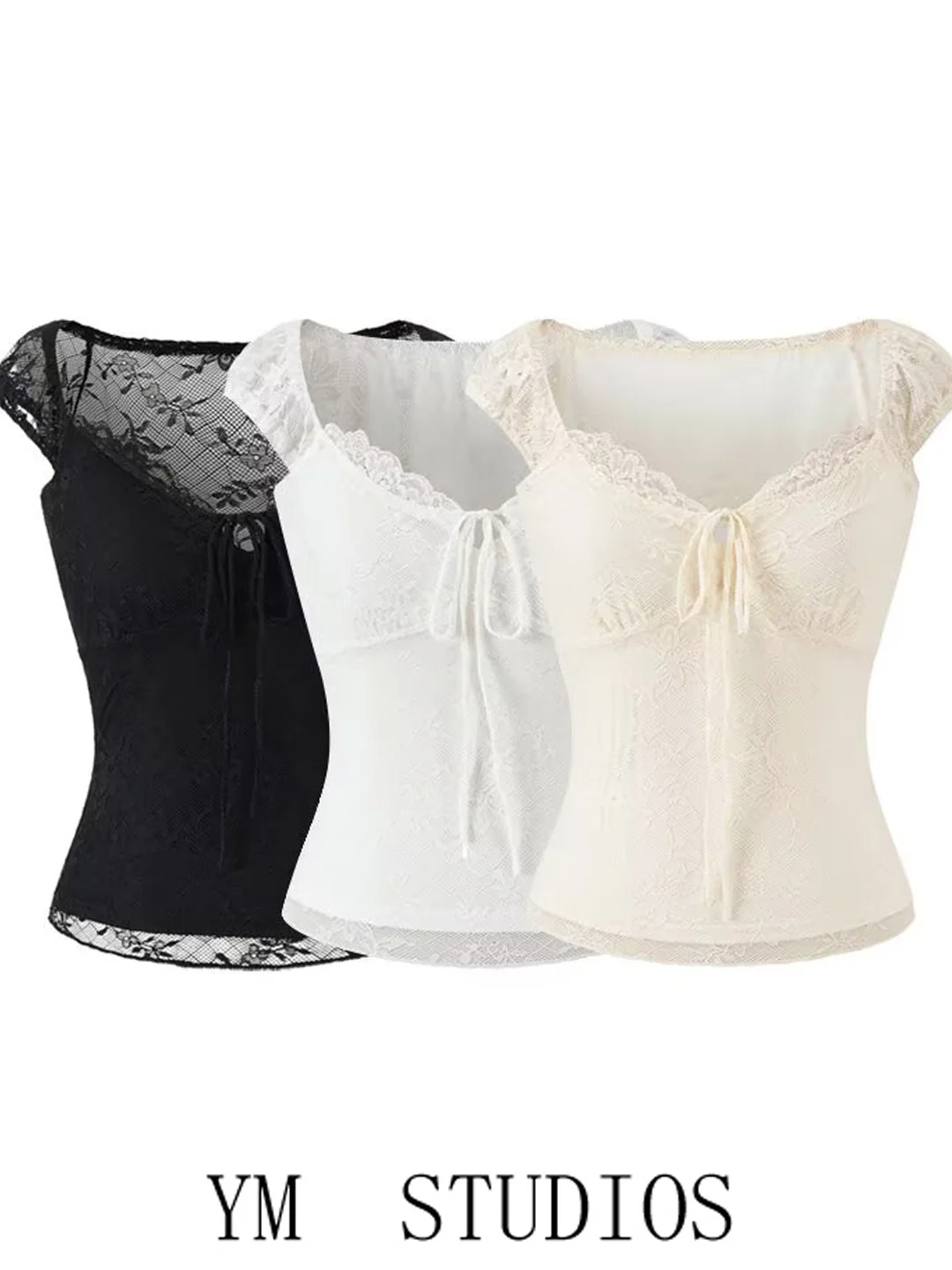 Women's Lace Trim Belted U-Neck Vest Slim Fit Short Top T-Shirt Fashion Element Lace Style V-neck Nylon Spandex Made in China