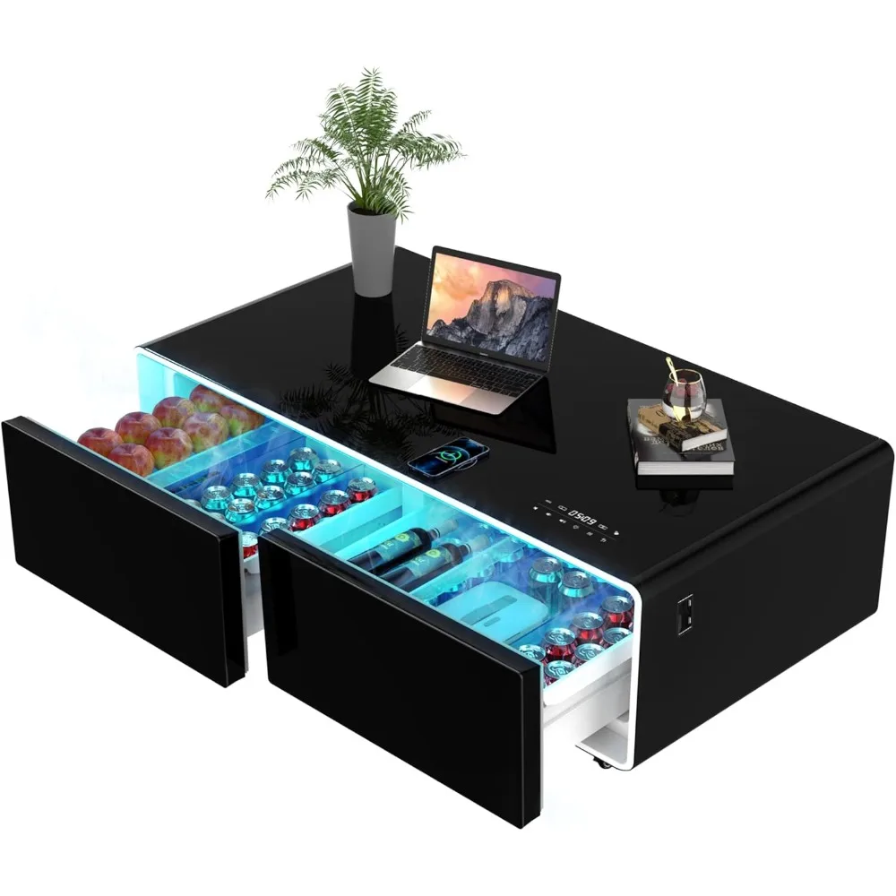 Smart Coffee Table with Built in Fridge, Living Room Table Bluetooth Sound and Wireless Charging, Type-C & USB Interface