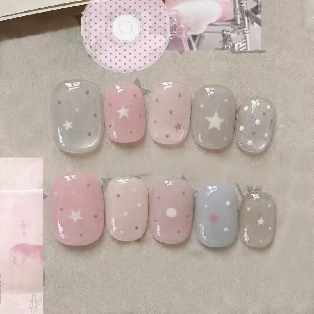 30pcs Sweet Pink Grey Press On Nails Star Polka Dot Design Fake Nail Short Square Cute Full Coverage Nail Tips for Women&Girl