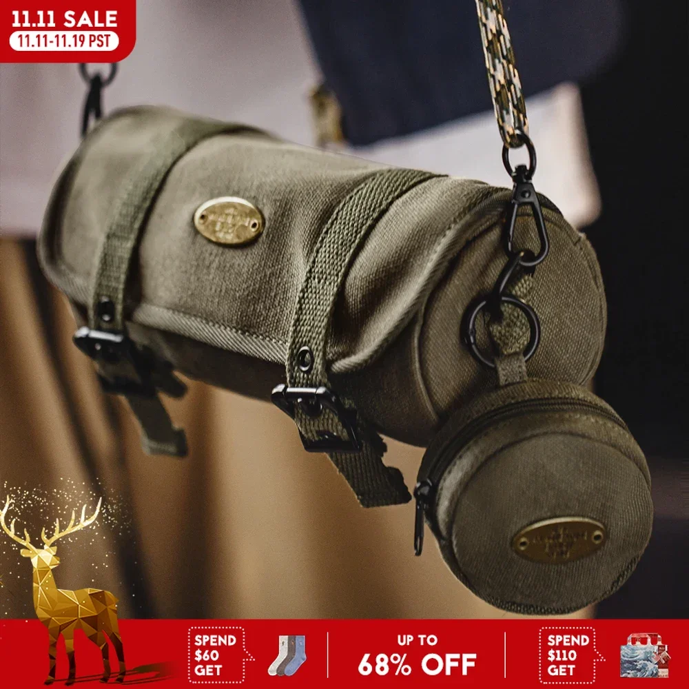 

Мужская военная зеленая винтажная холщовая сумка-цилиндр Maden с тканым плечевым ремнем, пригородная сумка через плечо и съемный кошелек для монет