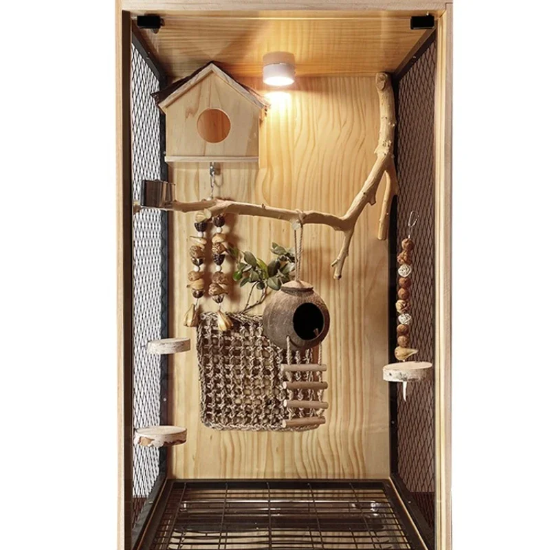 Parrot bird cage villa panoramic luxury solid wood King Kong Xuanfeng monk tiger skin large special splash-proof small sun