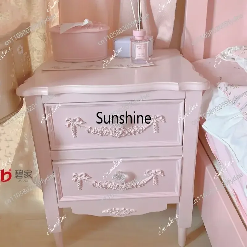 YYFrench Carved Princess Style Solid Wood Bedside Chest Bedroom Storage Bedside Cabinet