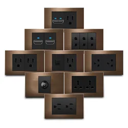 Brown US Standard Dual Usb Wall Plug 5V 2.1A 15A Dual US Socket Metal Panel Wall Switch 123gang2way Power Usb Charging Port 250V