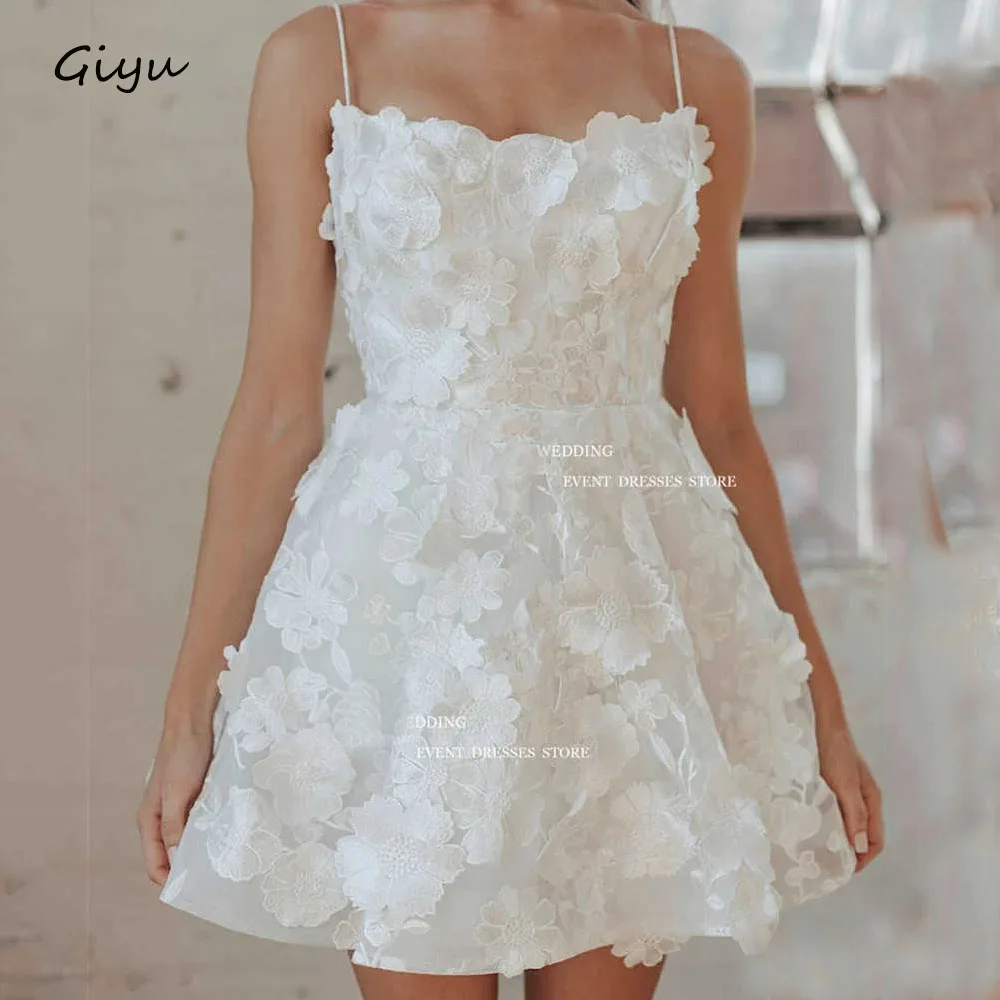 Giyu A-line 3D Followers Mini Wedding Dresses 2024 Spaghetti Strap Back of Lace Up Birthday Party Dress Prom Gown Summer Dress