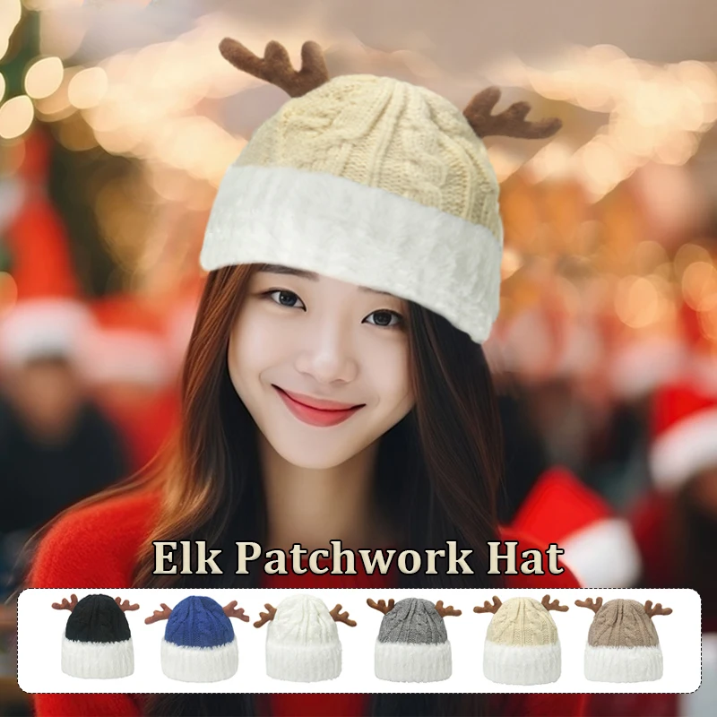 

Winter Christmas Warm Knitted Hat Female Cartoon Deer Horn Earflap Cap Plush Fluffy Thicken Fur Beanie Hat Femal Girls Xmas Gift