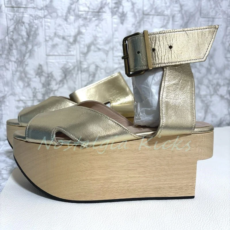 

Gold Leather Open Toe Platform Sandals Ankle Strap Thick Bottom Summer Fashion Shoes Comfortable Women's Walking Dress Shoes