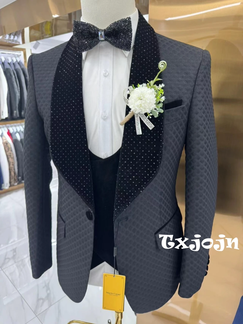 Luxuoso frisado smoking 3 peças blazer colete calças para homens festa de formatura wear bonito xale lapela ternos masculinos personalizados 2025