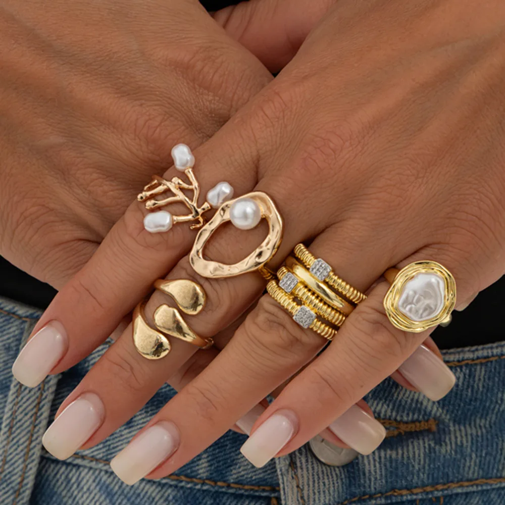 KunJoe 5Pcs/Set Fashion Gold Color Geometric Open Rings Women Charm Rhinestone Imitation Pearl Irregular Adjustable Ring Jewelry