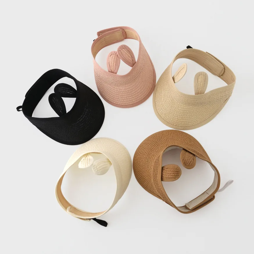 Summer Child Straw Hat Cute Rabbit Ears Foldable Caps Kids Adjustable Outdoor Protection Visor 1 2 3 4 Years Old Boys Girls