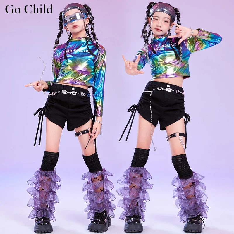 Hip Hop Girls Cool Laser Crop Top Street Dance Silver Pants K-pop Shorts Shiny Clothes Sets Kids Jazz Costumes Child Streetwear