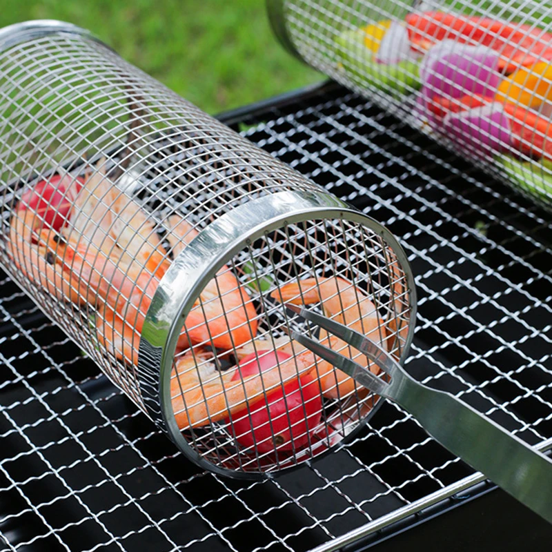 Outdoor BBQ Basket Stainless Steel Rolling Grilling Portable Camping Barbecue Rack Basket Wire Mesh Cylinder Grill Basket