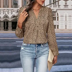 Elegant Women's New Long Sleeved Leopard Print Blouse Women's V-neck Set Head Slimming Top 2024 Autumn Versatile Shirt New Style