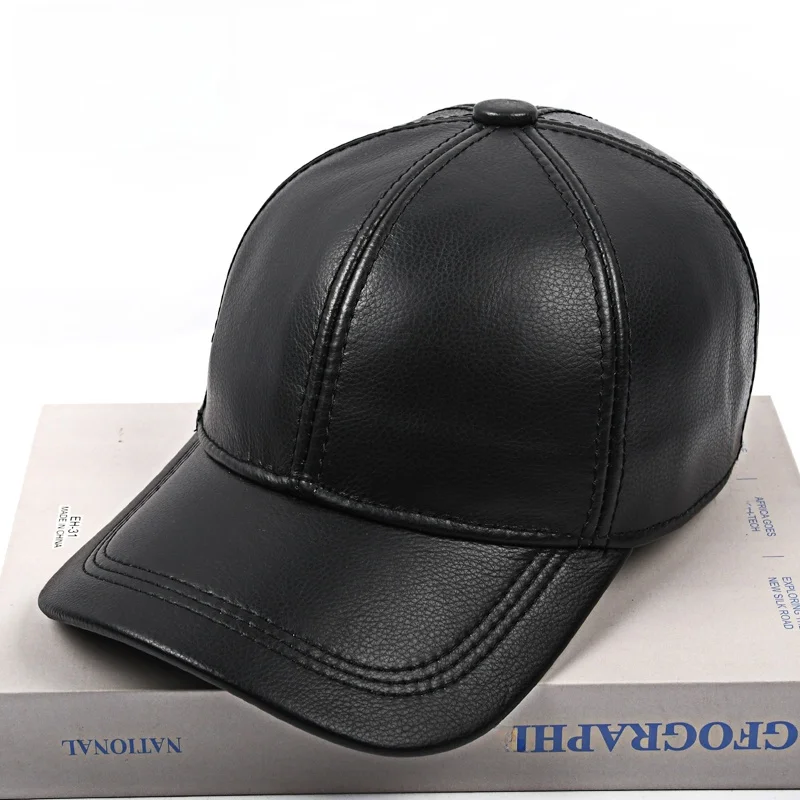leather-baseball-cap-men's-casual-outdoor-hat-warm-ear-protection-simple-design-for-autumn-and-winter-foldable-flat-brim