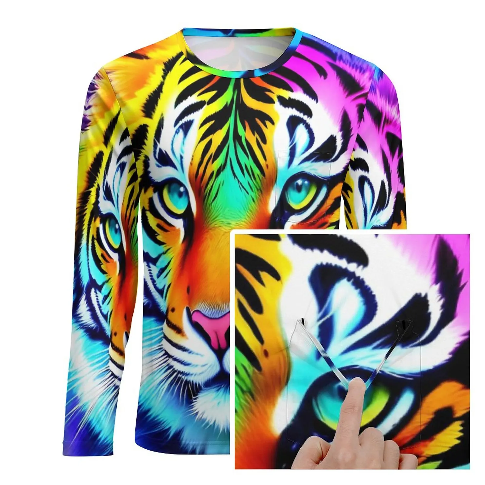 Caspian Tiger T-Shirt Mens Colorful Rainbow Casual T Shirts Daily Hippie Tees Long Sleeve Graphic Big Size Tops