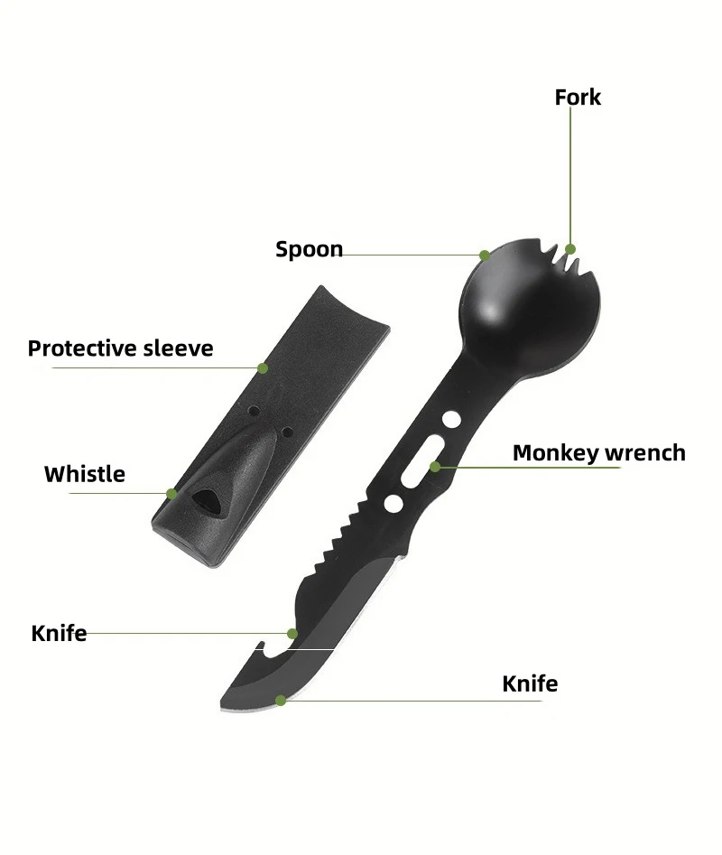 

Outdoor Camping Survival Multifunctional Whistle Knife Black Tableware Small Knife Combination Sharp Military Knife with Whistle