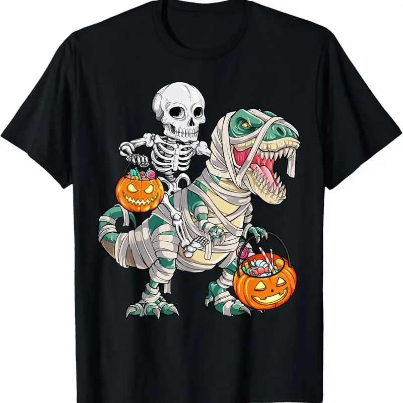 Skeleton Riding Mummy Dinosaur T rex Halloween Funny Pumpkin Shirt