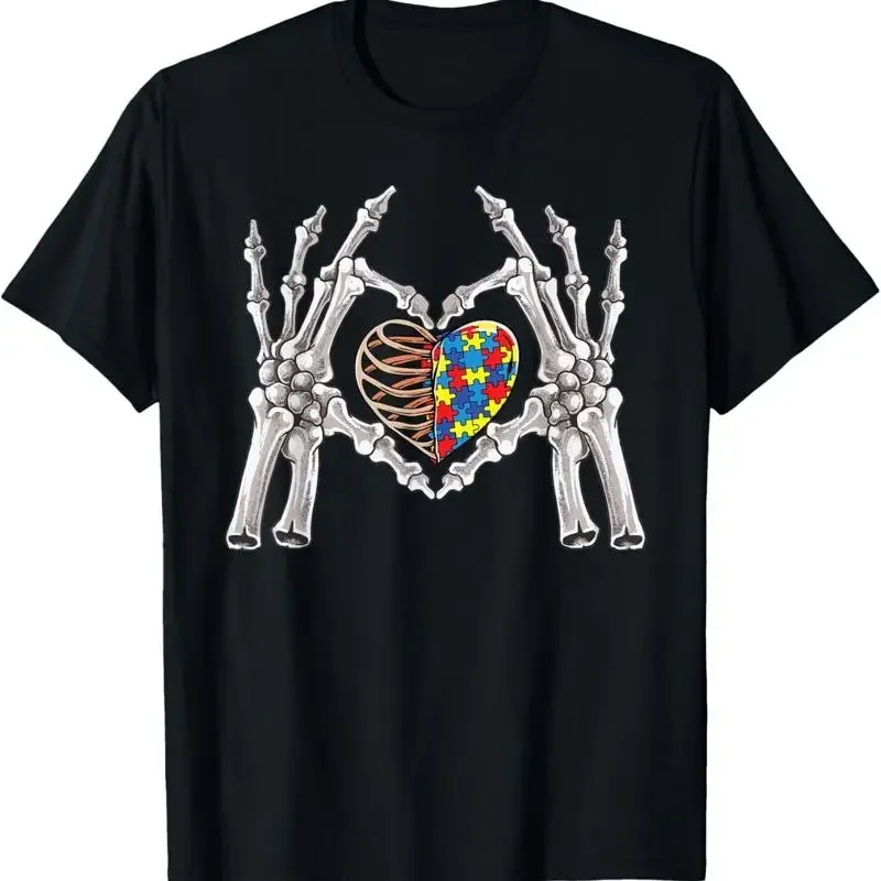 Autism Awareness Gothic Skull Hand Puzzle Piece Heart T Shirt