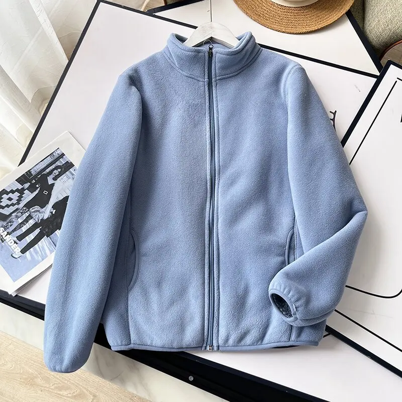 

Winter Fleece Jacket Solid Color Sherpa Casual Coat Thick Warm Stand Collar Zip Up Outdoor Windbreak Jacket soft Comfortable