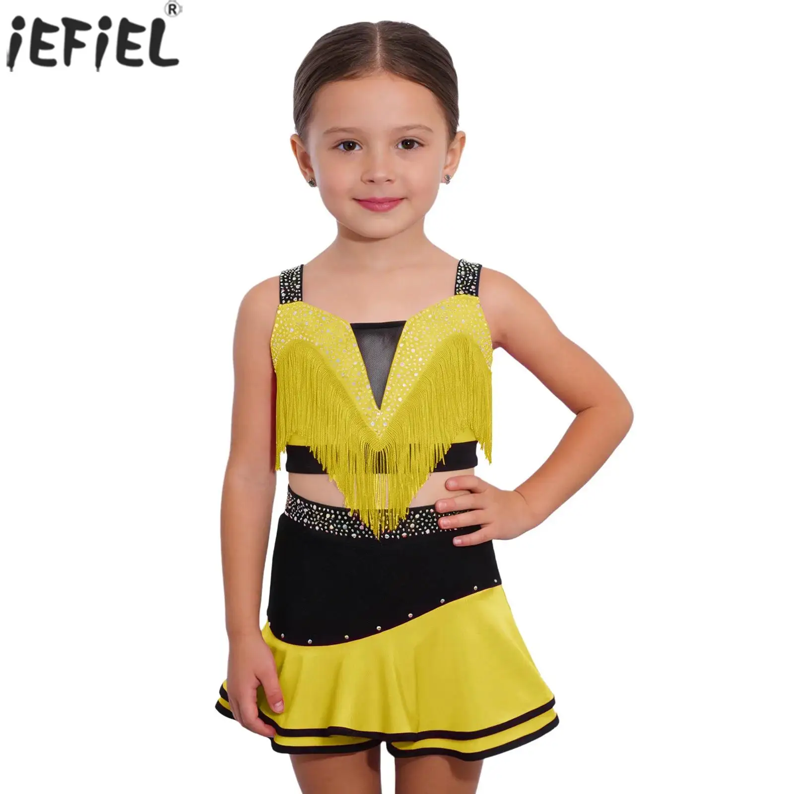 Latein-Tanz-Outfit für Kinder und Mädchen, ärmellos, glänzendes Strass-Quasten-Crop-Top mit Rock für Tango, Rumba, Samba, Gesellschaftstanz