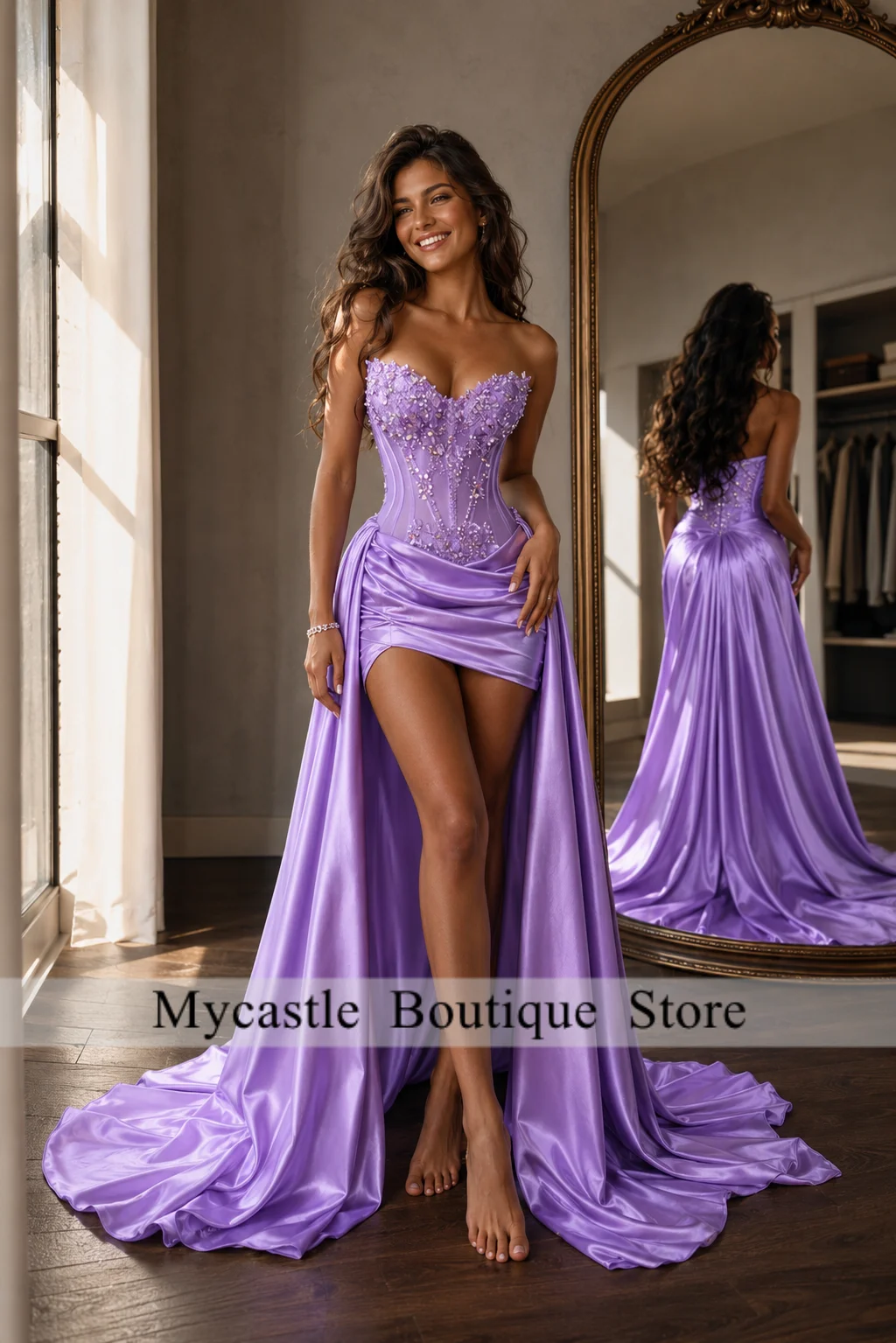 Gorgeous Lavender Purple 3D Floral Prom Dresses Corset Satin Overlay Mermaid Long Train Formal Gala Gown For Women Customized image 2