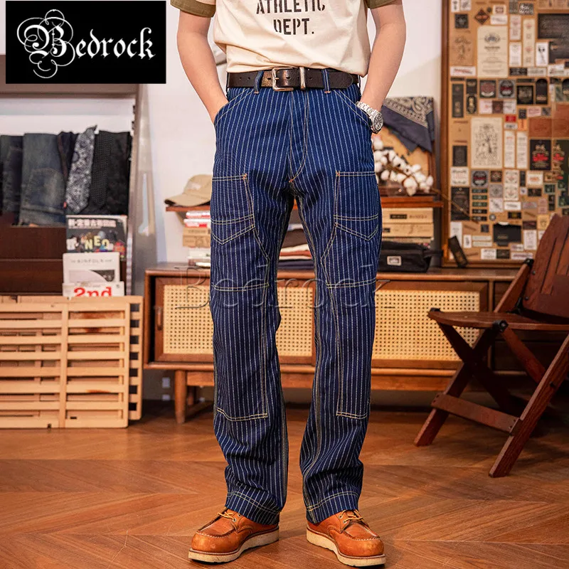 Underground Dyed Blue Striped Overalls Pure Cotton Slim Straight Trousers Wear-resistant Canvas Cargo Pants Vintage Buckle Back