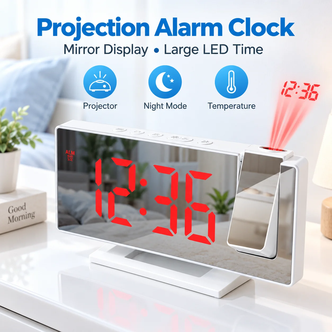 Sveglia digitale con proiezione, display a LED e specchio, proiettore di orario, indicatore di temperatura. ° C/ ° F, modalità notturna, orologio da comodino con alimentazione a corrente continua 5V,