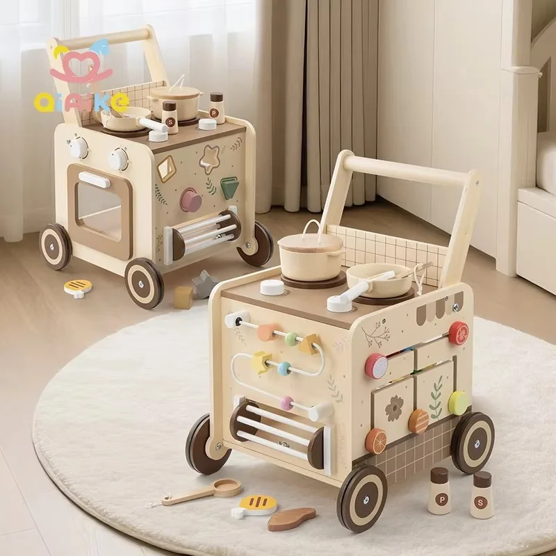 Wooden baby walker 4-in-1 baby stroller with pretend kitchen Montessori sensory activity center stroller baby toy