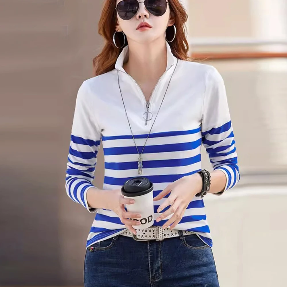 2024Women\'s Shirt Fashion Top LongSleeve T-shirt Spring and Autumn New Style High end Fashion Polo Collar Stripe Slimming Casual