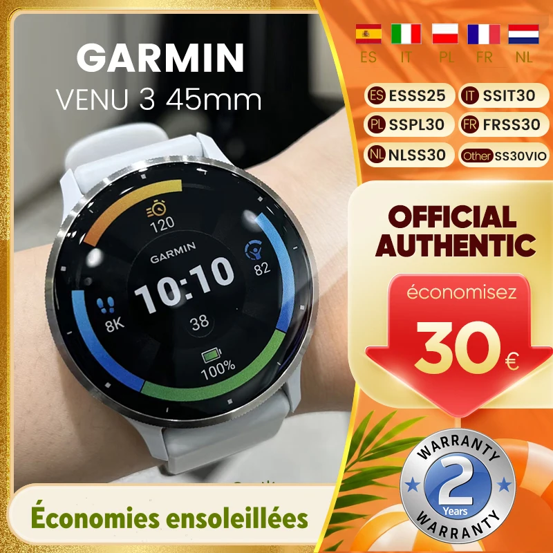 Montre connectée Garmin Venu 3 45 mm avec écran tactile AMOLED de 1,4 pouce, fonctionnalités de fitness, plus de 30 sports, GPS et musique