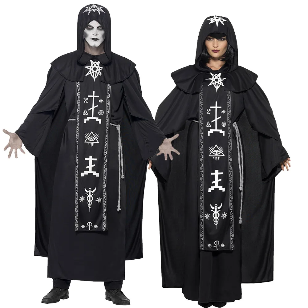 Wizard Horror Grim Reaper Costume Women Men Monk Cloak Robe Priest Witch Dress Skeleton Zombie Halloween Purim Party Fancy